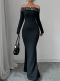 Vestido Elegante de Ombro a Descoberto com Estampa de Leopardo para Mulheres - Manga Longa, Preto Ajustado e Versátil para Todas as Estações, Lavável na Máquina, Ideal para Looks Formais ou Casuais, Confortável e Estiloso