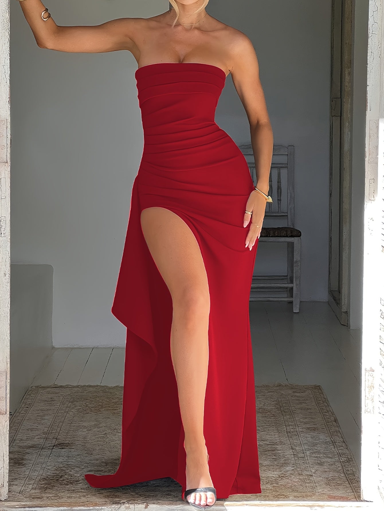Vestido Sexy Sem Alças com Racha Alta | Vestido Comprido Justo para Jantares, Cor Lisa, Estilo Ombro Descaído