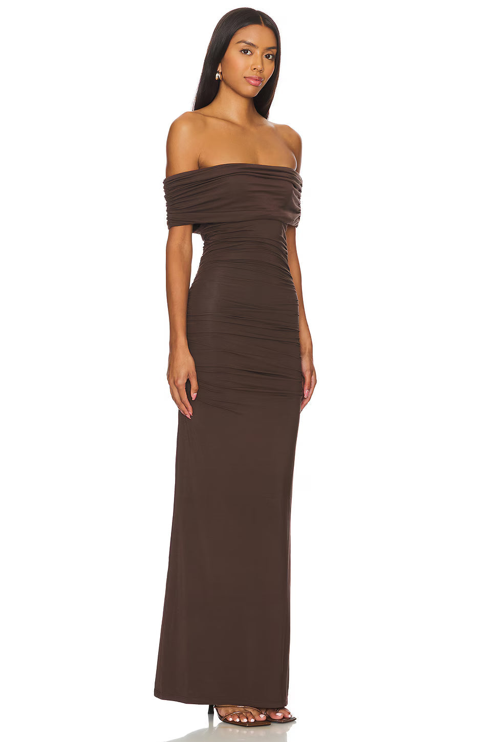 The Chocolate Muse: Sculptural Off-the-Shoulder Evening Gown