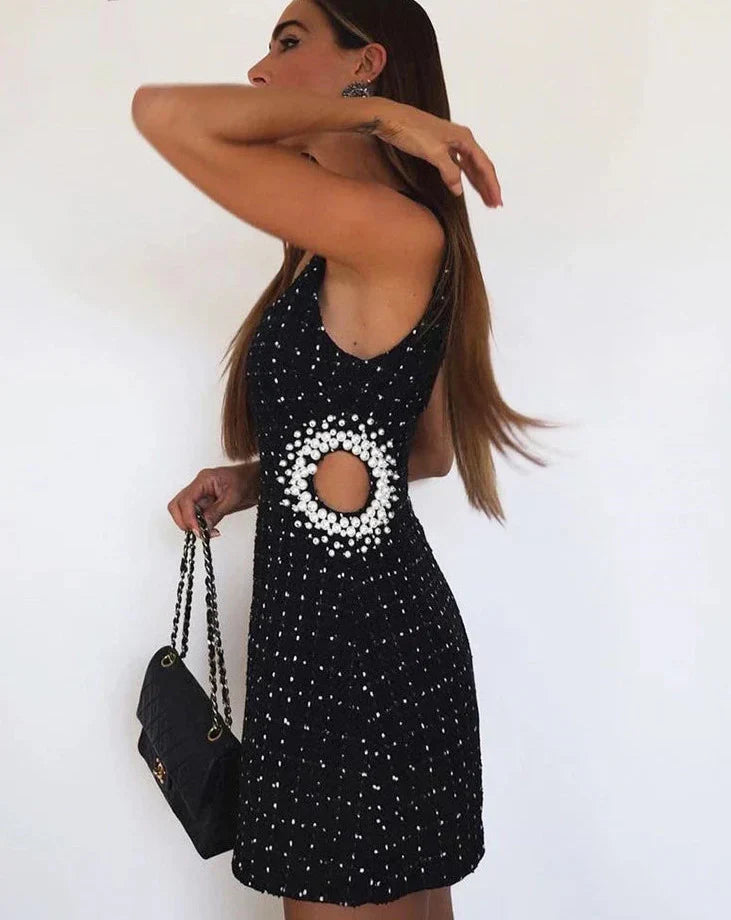 The Pearl Noir: Vintage-Inspired Hollow-Out Mini Dress