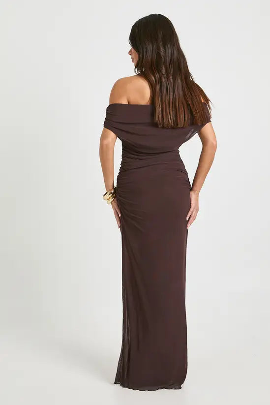 The Chocolate Muse: Sculptural Off-the-Shoulder Evening Gown