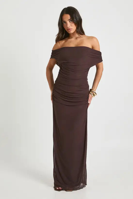 The Chocolate Muse: Sculptural Off-the-Shoulder Evening Gown