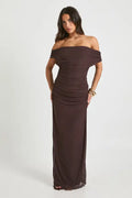 The Chocolate Muse: Sculptural Off-the-Shoulder Evening Gown